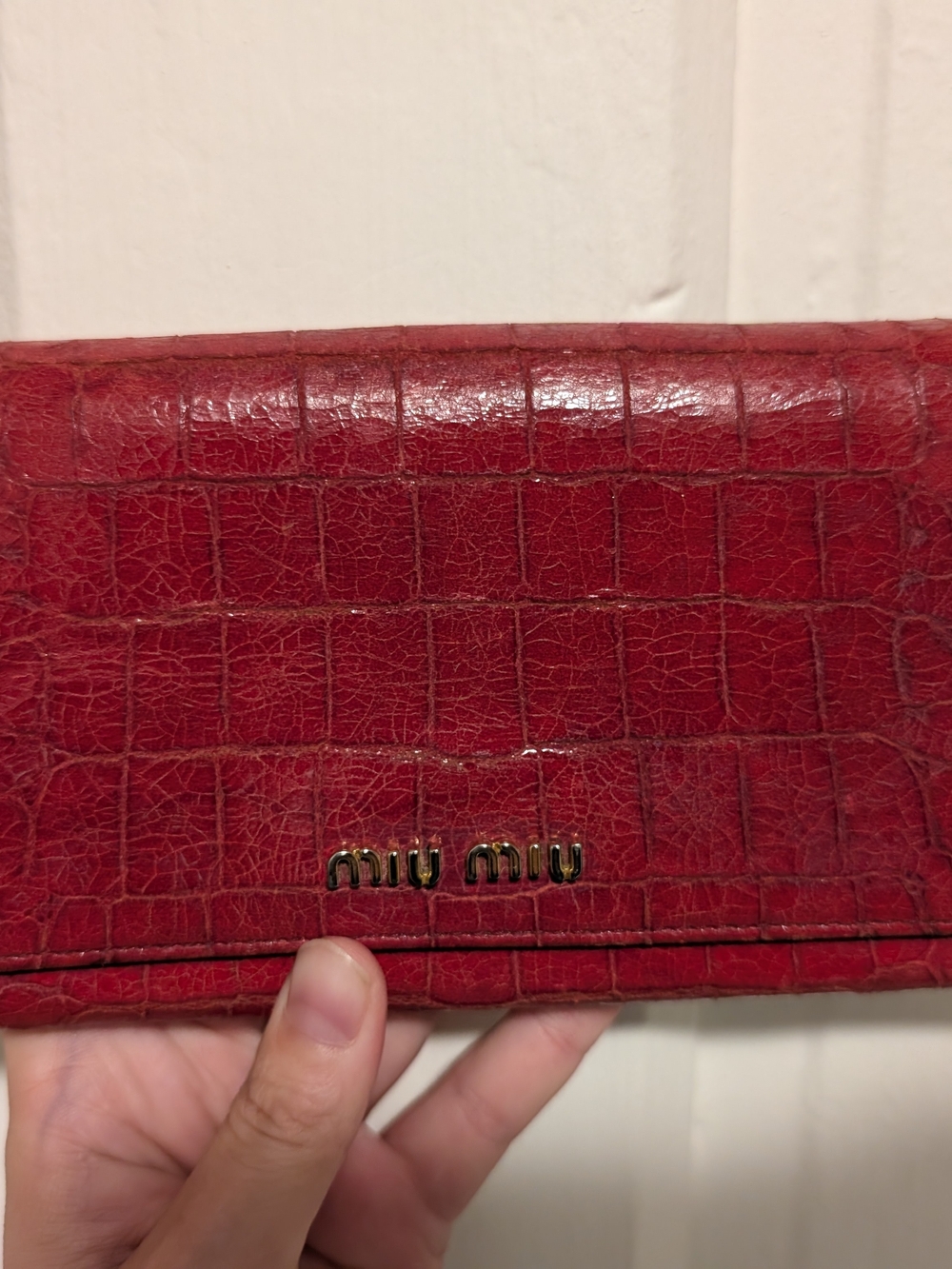 Miu Miu Burgundy/Dark Pink Croc Embossed Long Wallet